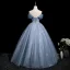 Chic / Beautiful Sky Blue Butterfly Appliques Sequins Prom Dresses Ball Gown 2025 Off-The-Shoulder Sleeveless Backless Floor-Length / Long Prom Formal Dresses