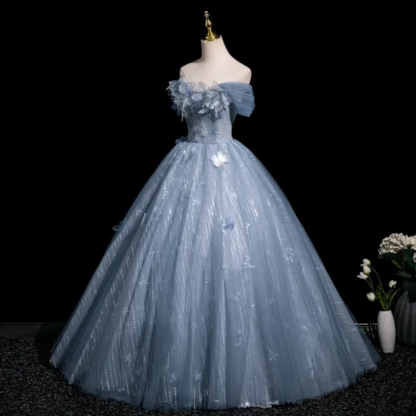 Chic / Beautiful Sky Blue Butterfly Appliques Sequins Prom Dresses Ball Gown 2025 Off-The-Shoulder Sleeveless Backless Floor-Length / Long Prom Formal Dresses