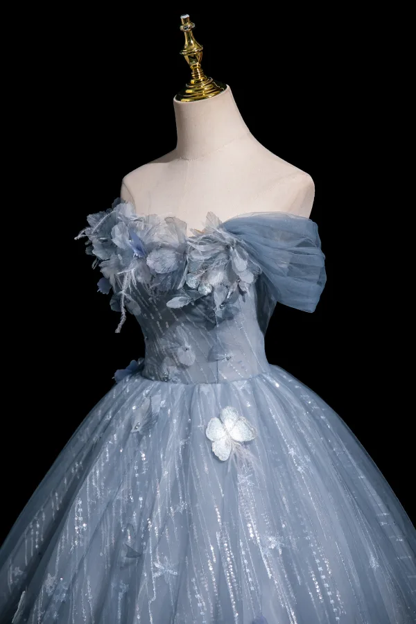 Chic / Beautiful Sky Blue Butterfly Appliques Sequins Prom Dresses Ball Gown 2025 Off-The-Shoulder Sleeveless Backless Floor-Length / Long Prom Formal Dresses