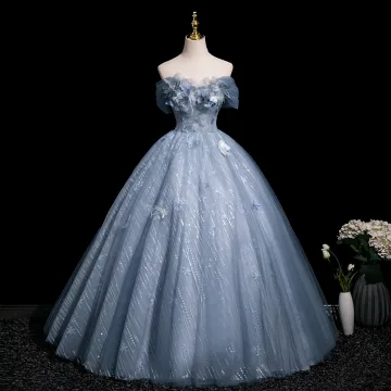 Chic Belle Bleu Ciel Papillon Appliques Paillettes Robe De Bal Robe Boule 2025 De L Épaule Sans Manches Dos Nu Longue Promo Robe De Ceremonie