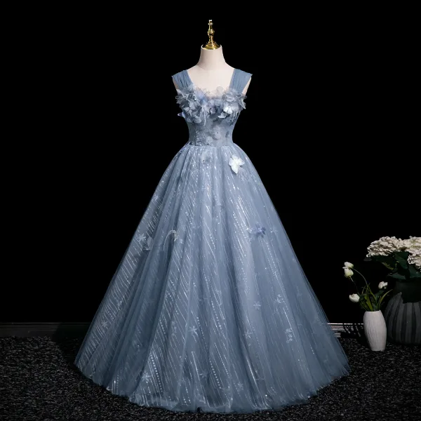 Chic / Beautiful Sky Blue Butterfly Appliques Sequins Prom Dresses Ball Gown 2025 Off-The-Shoulder Sleeveless Backless Floor-Length / Long Prom Formal Dresses