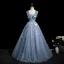 Chic / Beautiful Sky Blue Butterfly Appliques Sequins Prom Dresses Ball Gown 2025 Off-The-Shoulder Sleeveless Backless Floor-Length / Long Prom Formal Dresses