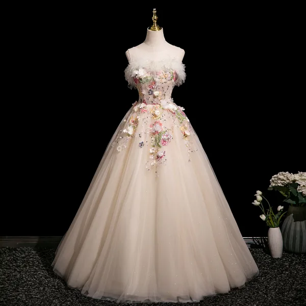 Chic / Beautiful Champagne Beading Sequins Lace Flower Tassel Prom Dresses 2025 Ball Gown Scoop Neck Sleeveless Backless Floor-Length / Long Prom Formal Dresses
