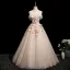 Chic / Beautiful Champagne Beading Sequins Lace Flower Tassel Prom Dresses 2025 Ball Gown Scoop Neck Sleeveless Backless Floor-Length / Long Prom Formal Dresses