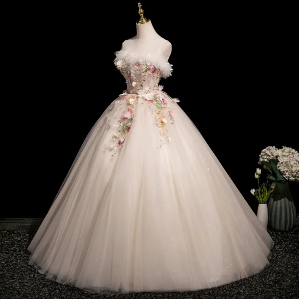Chic / Beautiful Champagne Beading Sequins Lace Flower Tassel Prom Dresses 2025 Ball Gown Scoop Neck Sleeveless Backless Floor-Length / Long Prom Formal Dresses