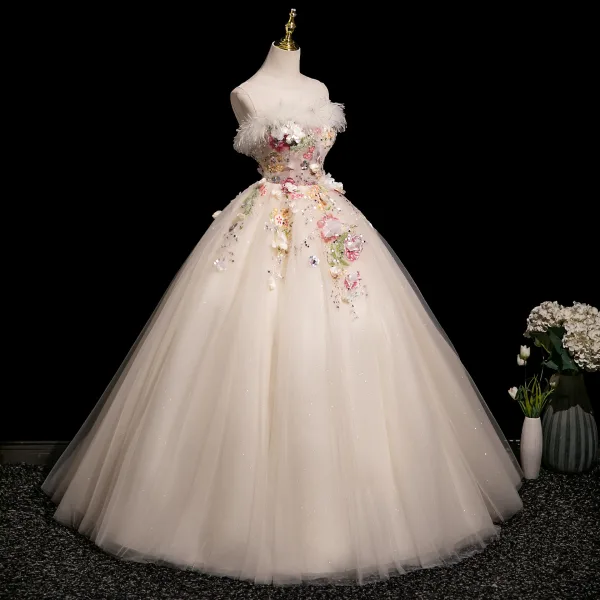 Chic / Beautiful Champagne Beading Sequins Lace Flower Tassel Prom Dresses 2025 Ball Gown Scoop Neck Sleeveless Backless Floor-Length / Long Prom Formal Dresses