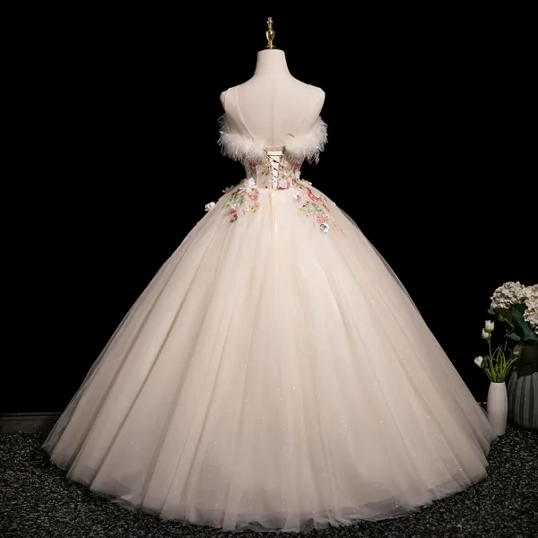 Chic / Beautiful Champagne Beading Sequins Lace Flower Tassel Prom Dresses 2025 Ball Gown Scoop Neck Sleeveless Backless Floor-Length / Long Prom Formal Dresses