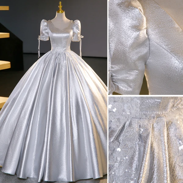 Fashion Silver Beading Sequins Glitter Prom Dresses 2023 Ball Gown Satin Square Neckline Short Sleeve Backless Floor-Length / Long Prom Formal Dresses
