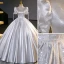 Fashion Silver Beading Sequins Glitter Prom Dresses 2023 Ball Gown Satin Square Neckline Short Sleeve Backless Floor-Length / Long Prom Formal Dresses