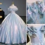 Sparkly Sky Blue Sequins Prom Dresses 2023 Ball Gown Scoop Neck Short Sleeve Backless Floor-Length / Long Prom Formal Dresses