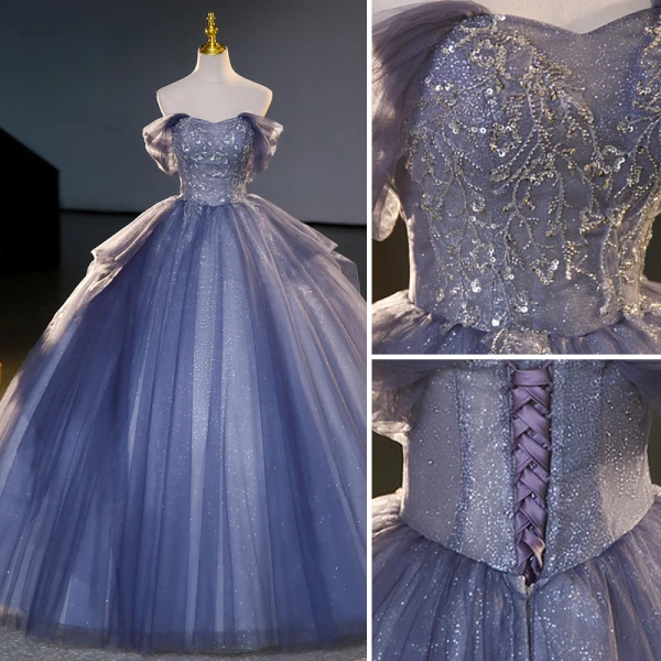 Charming Ocean Blue Beading Sequins Prom Dresses 2023 Ball Gown Off-The-Shoulder Sleeveless Backless Floor-Length / Long Prom Formal Dresses