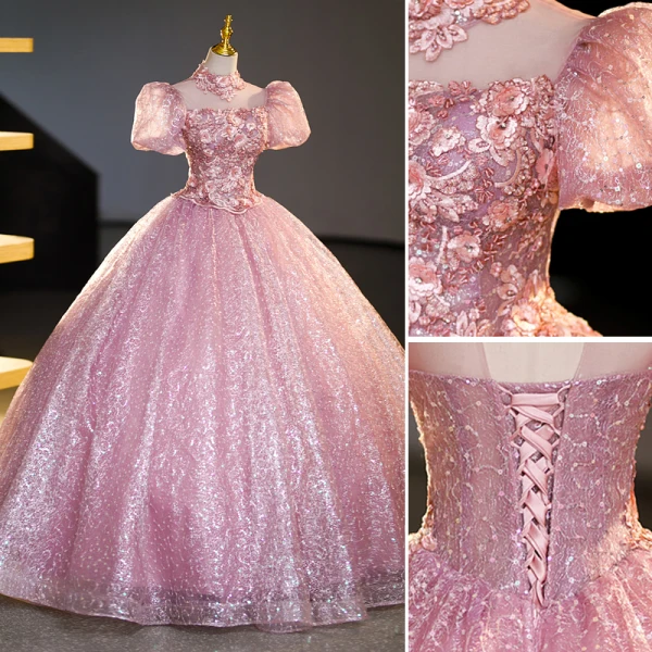 Bling Bling Elegant Candy Pink Rhinestone Sequins Lace Flower Prom Dresses 2023 Ball Gown High Neck Short Sleeve Backless Floor-Length / Long Prom
