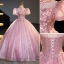 Bling Bling Elegant Candy Pink Rhinestone Sequins Lace Flower Prom Dresses 2023 Ball Gown High Neck Short Sleeve Backless Floor-Length / Long Prom