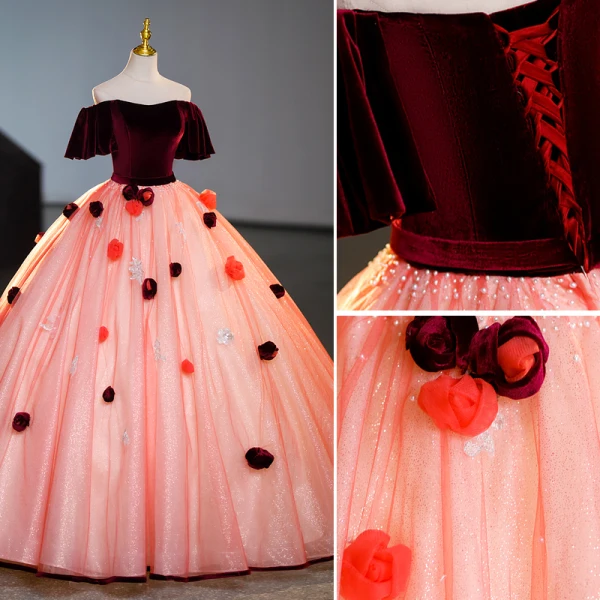 Elegant Burgundy Appliques Beading Pearl Sequins Prom Dresses 2023 Ball Gown Off-The-Shoulder Short Sleeve Backless Floor-Length / Long Prom Formal Dresses