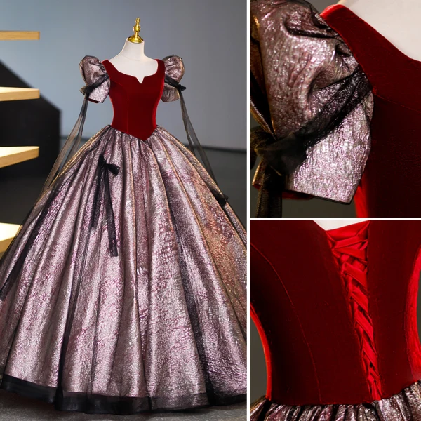 Vintage / Retro Burgundy Glitter Prom Dresses 2023 Ball Gown Scoop Neck Bow Short Sleeve Backless Floor-Length / Long Prom Formal Dresses