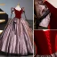Vintage / Retro Burgundy Glitter Prom Dresses 2023 Ball Gown Scoop Neck Bow Short Sleeve Backless Floor-Length / Long Prom Formal Dresses