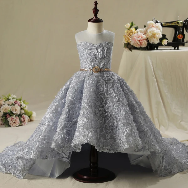 Chic / Beautiful Church Wedding Party Dresses 2017 Flower Girl Dresses Silver Ball Gown Asymmetrical Scoop Neck Sleeveless Rhinestone Metal Sash Appliques Flower