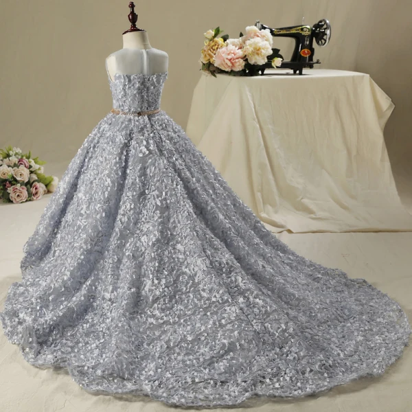 Chic / Beautiful Church Wedding Party Dresses 2017 Flower Girl Dresses Silver Ball Gown Asymmetrical Scoop Neck Sleeveless Rhinestone Metal Sash Appliques Flower