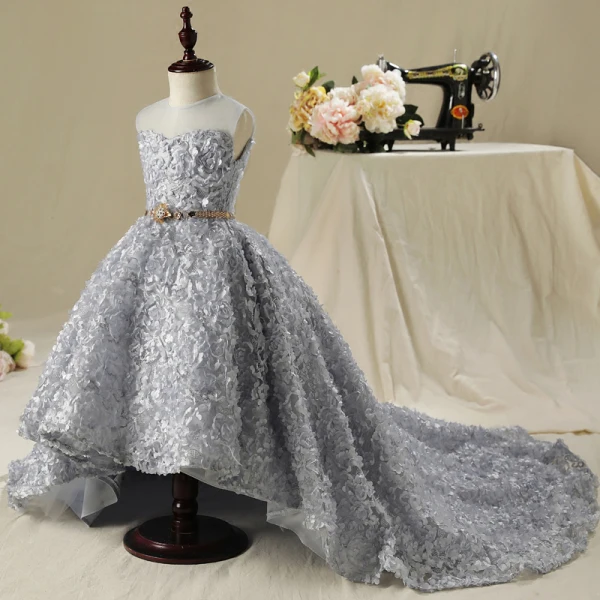 Chic / Beautiful Church Wedding Party Dresses 2017 Flower Girl Dresses Silver Ball Gown Asymmetrical Scoop Neck Sleeveless Rhinestone Metal Sash Appliques Flower