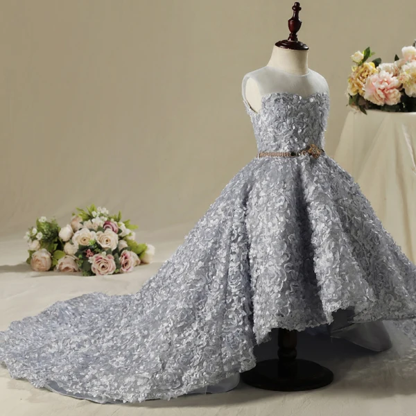 Chic / Beautiful Church Wedding Party Dresses 2017 Flower Girl Dresses Silver Ball Gown Asymmetrical Scoop Neck Sleeveless Rhinestone Metal Sash Appliques Flower