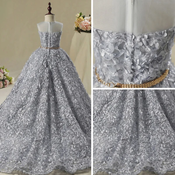 Chic / Beautiful Church Wedding Party Dresses 2017 Flower Girl Dresses Silver Ball Gown Asymmetrical Scoop Neck Sleeveless Rhinestone Metal Sash Appliques Flower
