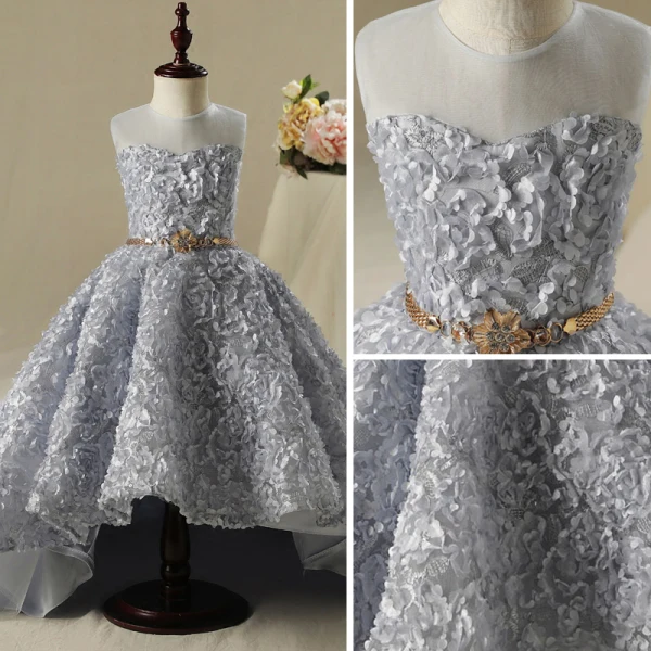 Chic / Beautiful Church Wedding Party Dresses 2017 Flower Girl Dresses Silver Ball Gown Asymmetrical Scoop Neck Sleeveless Rhinestone Metal Sash Appliques Flower