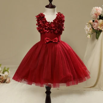 Chic Beautiful Hall Wedding Party Dresses 2017 Flower Girl Dresses Burgundy Short Ball Gown Cascading Ruffles V Neck Sleeveless Bow Rhinestone Appliques Flower