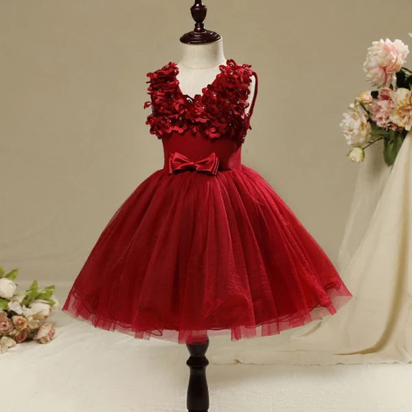 Chic / Beautiful Hall Wedding Party Dresses 2017 Flower Girl Dresses Burgundy Short Ball Gown Cascading Ruffles V-Neck Sleeveless Bow Rhinestone Appliques Flower
