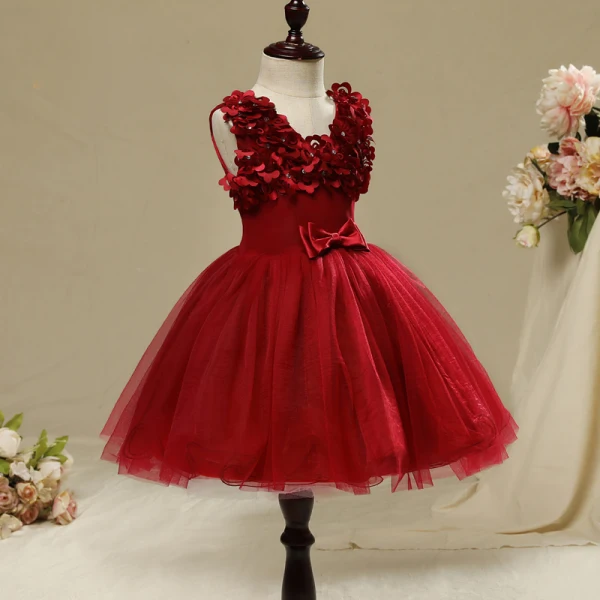 Chic / Beautiful Hall Wedding Party Dresses 2017 Flower Girl Dresses Burgundy Short Ball Gown Cascading Ruffles V-Neck Sleeveless Bow Rhinestone Appliques Flower