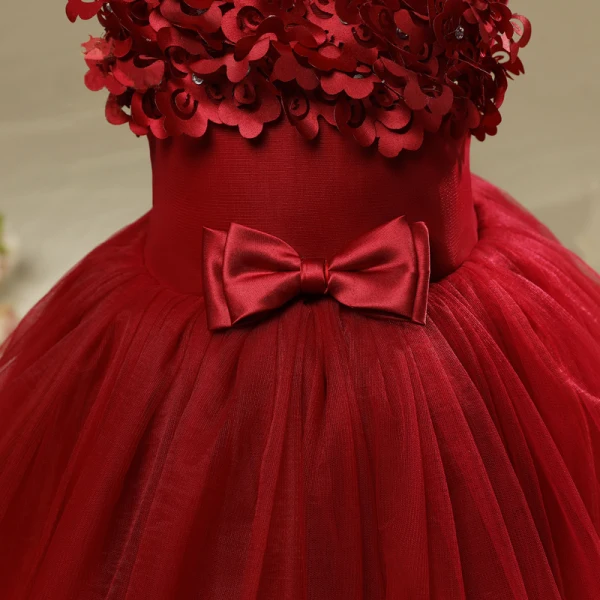 Chic / Beautiful Hall Wedding Party Dresses 2017 Flower Girl Dresses Burgundy Short Ball Gown Cascading Ruffles V-Neck Sleeveless Bow Rhinestone Appliques Flower
