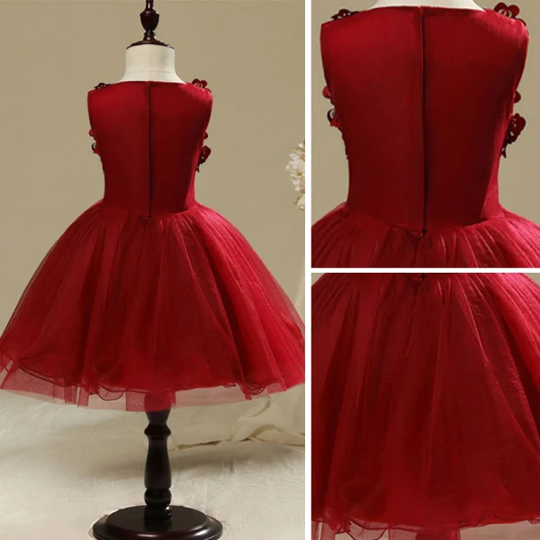 Chic / Beautiful Hall Wedding Party Dresses 2017 Flower Girl Dresses Burgundy Short Ball Gown Cascading Ruffles V-Neck Sleeveless Bow Rhinestone Appliques Flower