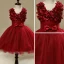 Chic / Beautiful Hall Wedding Party Dresses 2017 Flower Girl Dresses Burgundy Short Ball Gown Cascading Ruffles V-Neck Sleeveless Bow Rhinestone Appliques Flower