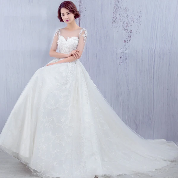 Chic / Belle Église Robe De Mariée 2017 Blanche Princesse Cathedral Train Volants en Cascade Encolure Dégagée Manches Courtes Dos Nu Dentelle Appliques Fleur Cristal Paillettes Perlage