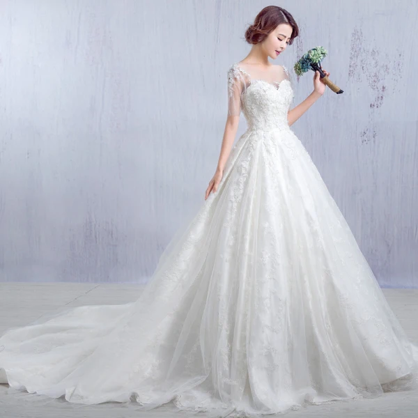 Chic / Belle Église Robe De Mariée 2017 Blanche Princesse Cathedral Train Volants en Cascade Encolure Dégagée Manches Courtes Dos Nu Dentelle Appliques Fleur Cristal Paillettes Perlage