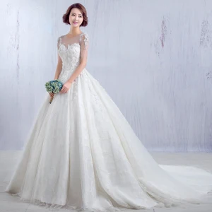 Chic Beautiful Church Wedding Dresses 2017 White A Line Princess Cathedral Train Cascading Ruffles Scoop Neck Short Sleeve Backless Lace Appliques Flower Crystal Sequins Beading