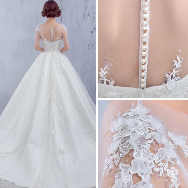 Chic / Belle Église Robe De Mariée 2017 Blanche Princesse Cathedral Train Volants en Cascade Encolure Dégagée Manches Courtes Dos Nu Dentelle Appliques Fleur Cristal Paillettes Perlage