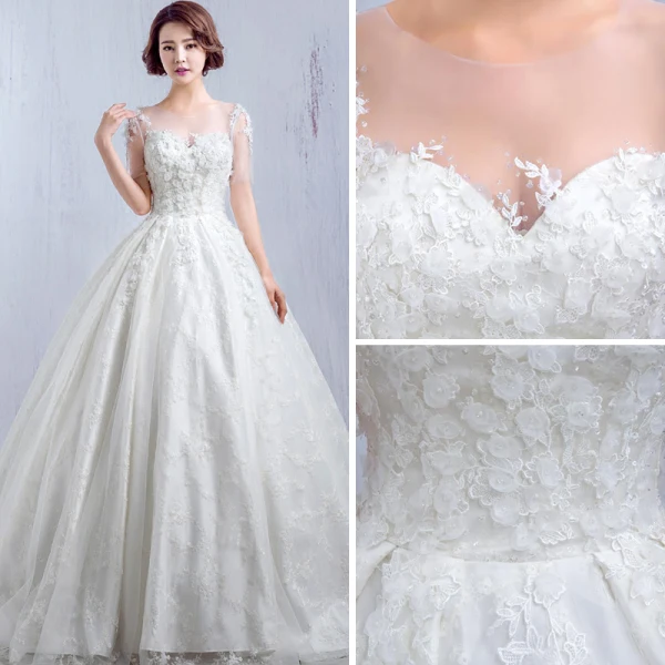 Chic / Belle Église Robe De Mariée 2017 Blanche Princesse Cathedral Train Volants en Cascade Encolure Dégagée Manches Courtes Dos Nu Dentelle Appliques Fleur Cristal Paillettes Perlage