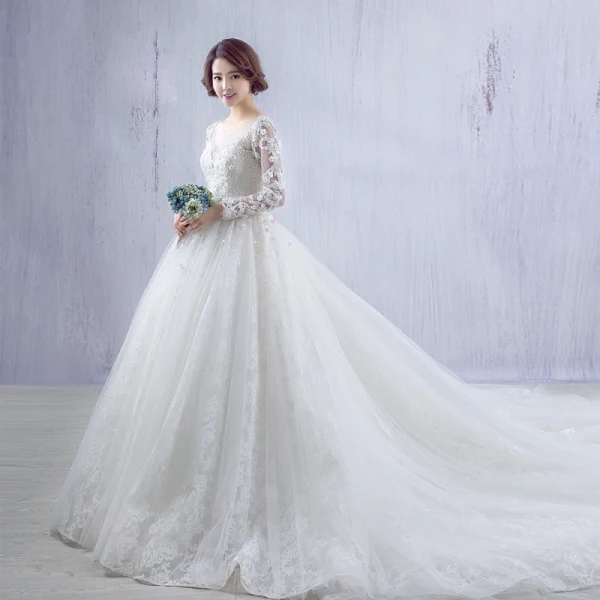 Chic / Belle Église Robe De Mariée 2017 Blanche Princesse Cathedral Train Volants en Cascade Encolure Dégagée Manches Longues Dos Nu Dentelle Appliques Fleur Perle Faux Diamant