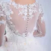 Chic / Beautiful Church Wedding Dresses 2017 White A-Line / Princess Cathedral Train Cascading Ruffles Scoop Neck Long Sleeve Backless Lace Appliques Flower Pearl Rhinestone