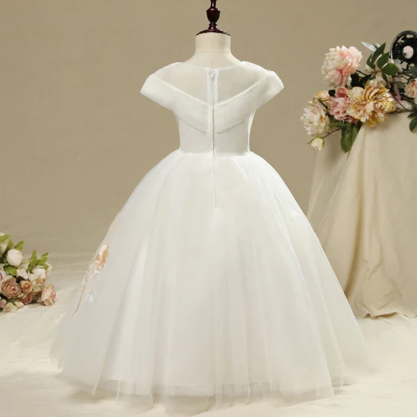 Chic / Beautiful Church Wedding Party Dresses 2017 Flower Girl Dresses White A-Line / Princess Floor-Length / Long Cascading Ruffles Scoop Neck Short Sleeve Embroidered Flower Beading