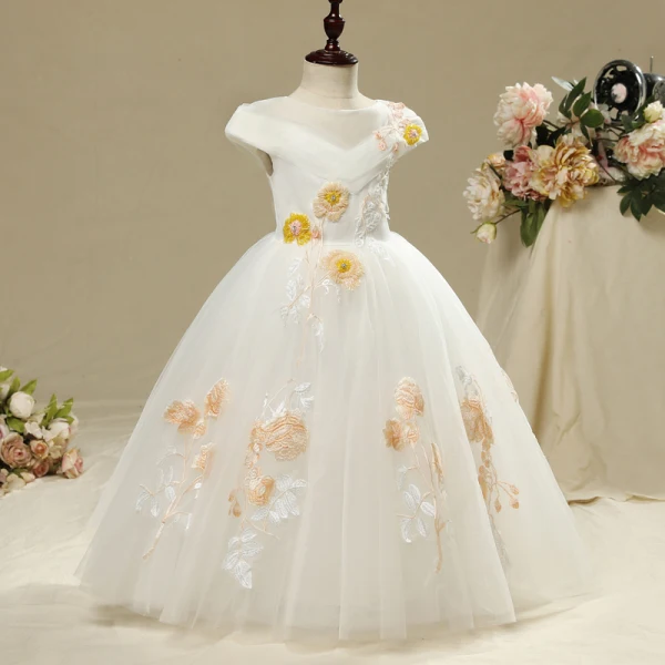 Chic / Beautiful Church Wedding Party Dresses 2017 Flower Girl Dresses White A-Line / Princess Floor-Length / Long Cascading Ruffles Scoop Neck Short Sleeve Embroidered Flower Beading