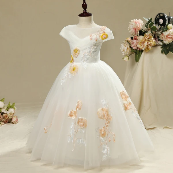 Chic / Beautiful Church Wedding Party Dresses 2017 Flower Girl Dresses White A-Line / Princess Floor-Length / Long Cascading Ruffles Scoop Neck Short Sleeve Embroidered Flower Beading