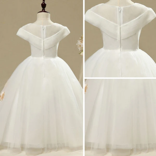 Chic / Beautiful Church Wedding Party Dresses 2017 Flower Girl Dresses White A-Line / Princess Floor-Length / Long Cascading Ruffles Scoop Neck Short Sleeve Embroidered Flower Beading
