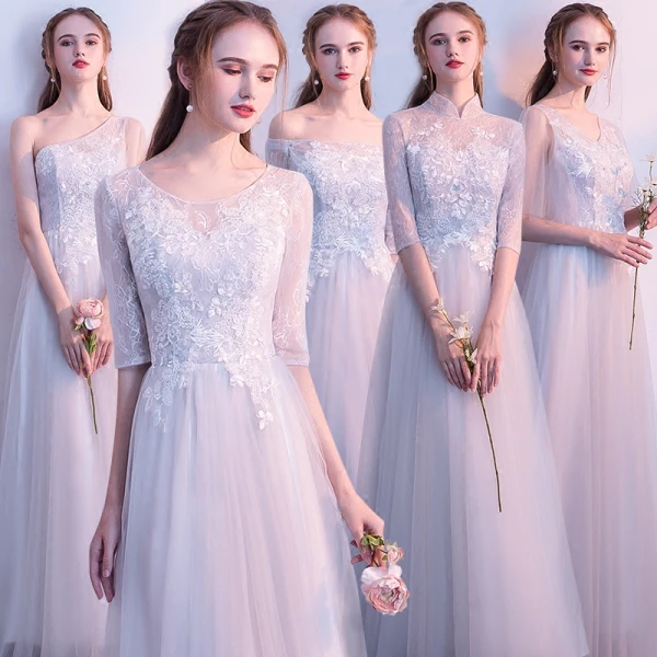 Chic / Beautiful Grey Bridesmaid Dresses 2018 A-Line / Princess 1/2 Sleeves Appliques Lace Backless Floor-Length / Long Ruffle Wedding Party Dresses