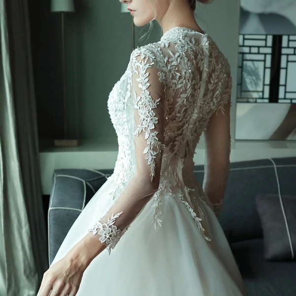 Chic / Beautiful Outdoor / Garden Wedding Dresses 2017 Lace Flower Pearl High Neck Long Sleeve Floor-Length / Long Hall White Ball Gown