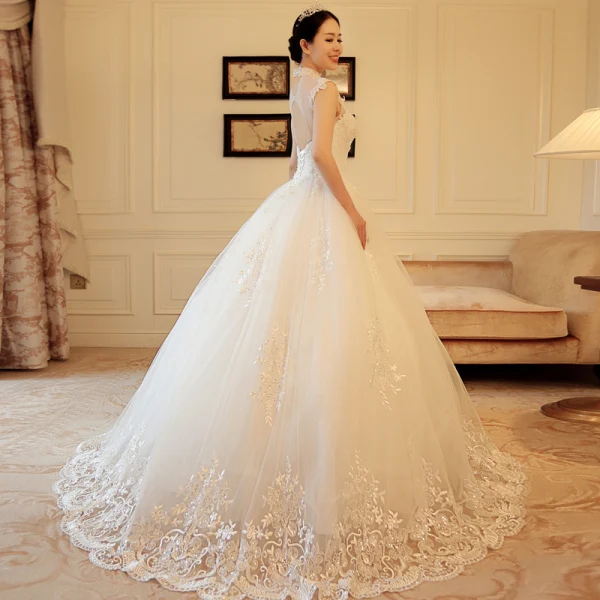 Luxury / Gorgeous Chinese style Ivory See-through Wedding Dresses 2018 A-Line / Princess High Neck Sleeveless Backless Appliques Lace Pearl Beading Ruffle Chapel Train