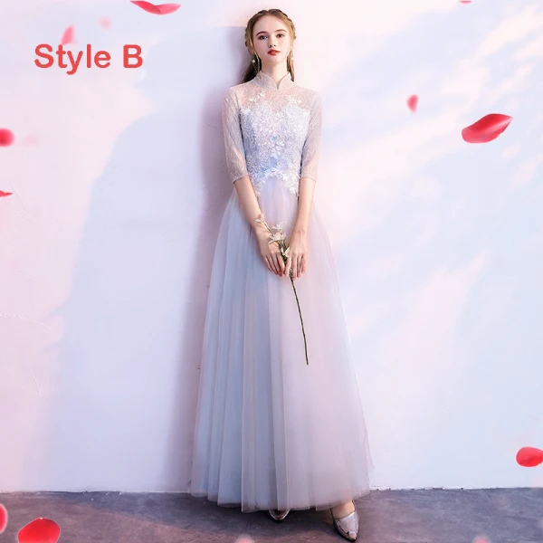 Chic / Beautiful Grey Bridesmaid Dresses 2018 A-Line / Princess 1/2 Sleeves Appliques Lace Backless Floor-Length / Long Ruffle Wedding Party Dresses