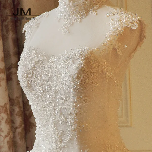 Luxury / Gorgeous Chinese style Ivory See-through Wedding Dresses 2018 A-Line / Princess High Neck Sleeveless Backless Appliques Lace Pearl Beading Ruffle Chapel Train