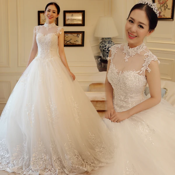 Luxury / Gorgeous Chinese style Ivory See-through Wedding Dresses 2018 A-Line / Princess High Neck Sleeveless Backless Appliques Lace Pearl Beading Ruffle Chapel Train
