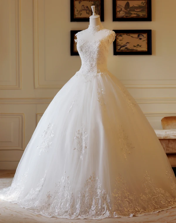 Luxury / Gorgeous Chinese style Ivory See-through Wedding Dresses 2018 A-Line / Princess High Neck Sleeveless Backless Appliques Lace Pearl Beading Ruffle Chapel Train